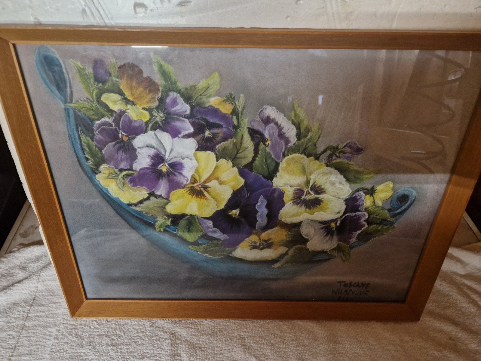 Wilde viooltjes in mand - Toscane, Maya Wildevuur 2000, Antiek en Kunst, Realistisch, Gesigneerd, Ophalen, Bloemen
