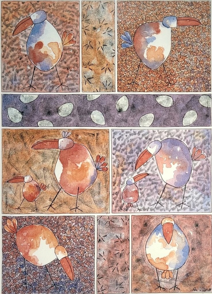 955. Zeefdruk, Ans van Dijk – 'Num Num', vogels, 1998, Ophalen of Verzenden, Dieren en Natuur, Zeefdruk