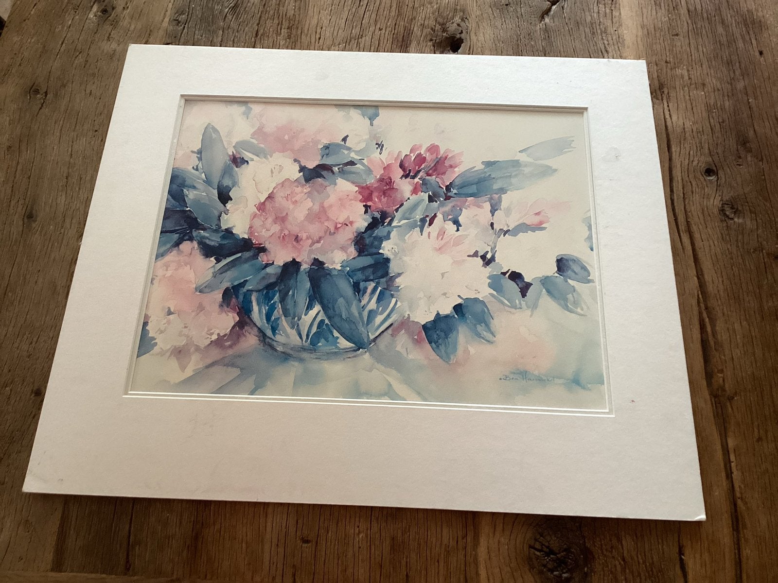 Aquarel met passe-partout van Bea Hazewinkel, Bloemen, Realistisch, Ophalen of Verzenden, Gesigneerd
