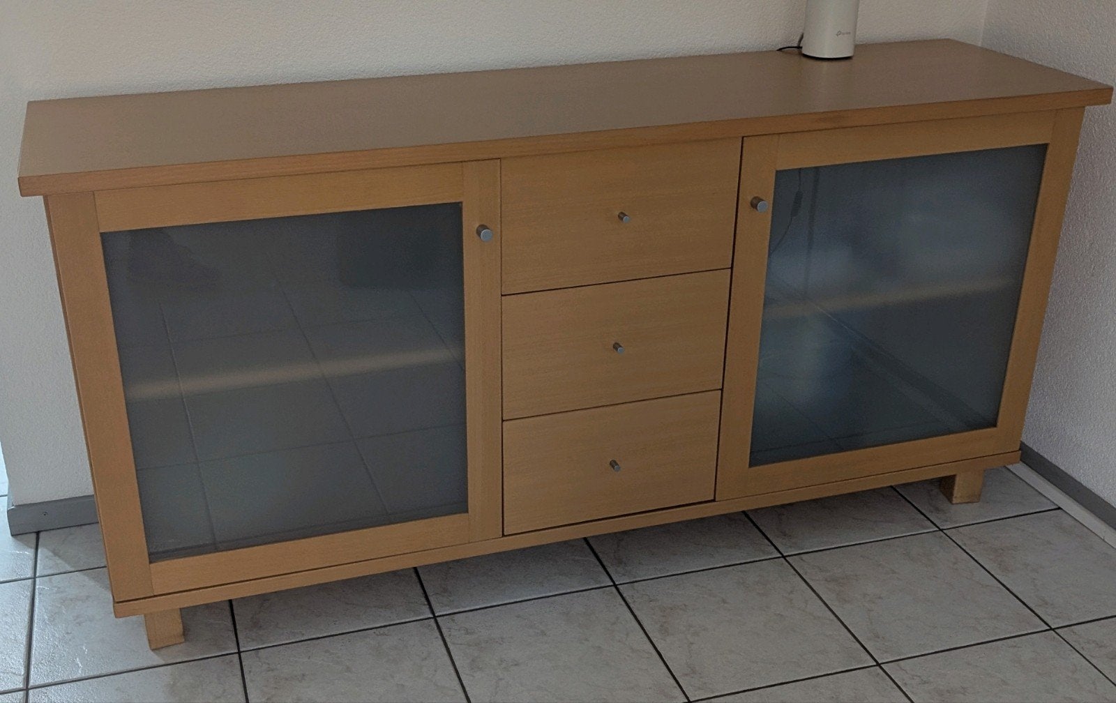 Beuken dressoir 180cm met lades en glazen deuren, Ophalen, Gebruikt, 120 cm of meer, Minder dan 200 cm