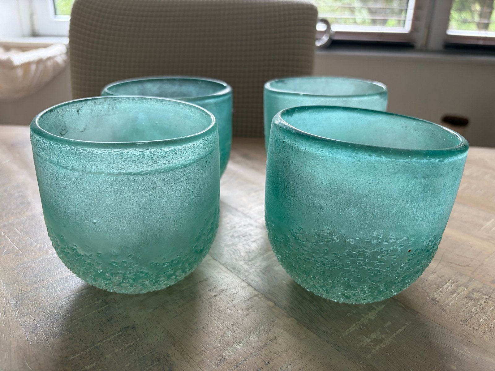 Set van 4 turquoise glazen waxinelichthouders, 10 cm, Blauw, Waxinelichthouder, Ophalen of Verzenden