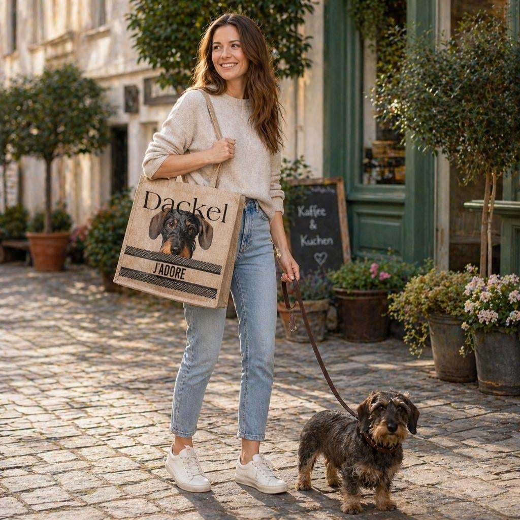 Teckel Tas Shopper J’ADORE – voor echte teckelliefhebbers, Verzenden, Nieuw, Beige, Shopper