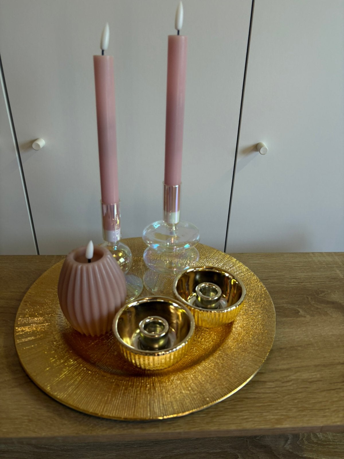 Set kaarsen met dienblad, Ophalen, Koper of Brons