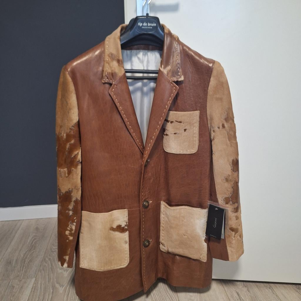 Halflange 2 tone nappa lederen jas met echt cowhide accenten, Ophalen of Verzenden, Nieuw, Maat 48/50 (M), Bruin