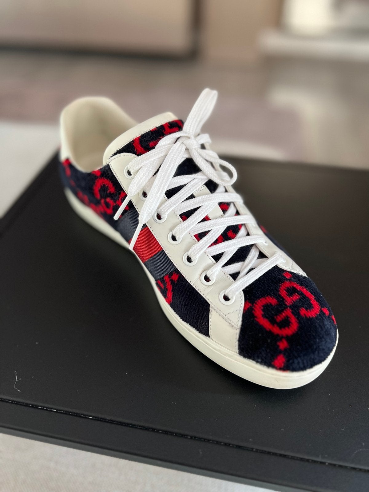 Gucci Ace Sneakers met GG-patroon, Ophalen, Zo goed als nieuw, Blauw, Sneakers of Gympen