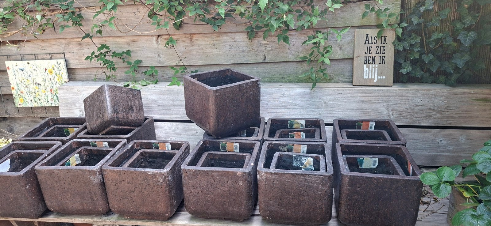 24 betonnen terraspotten Cadix elements, Tuin en Terras, Bloembakken en Plantenbakken, Ophalen, Nieuw, Rond, Minder dan 30 cm