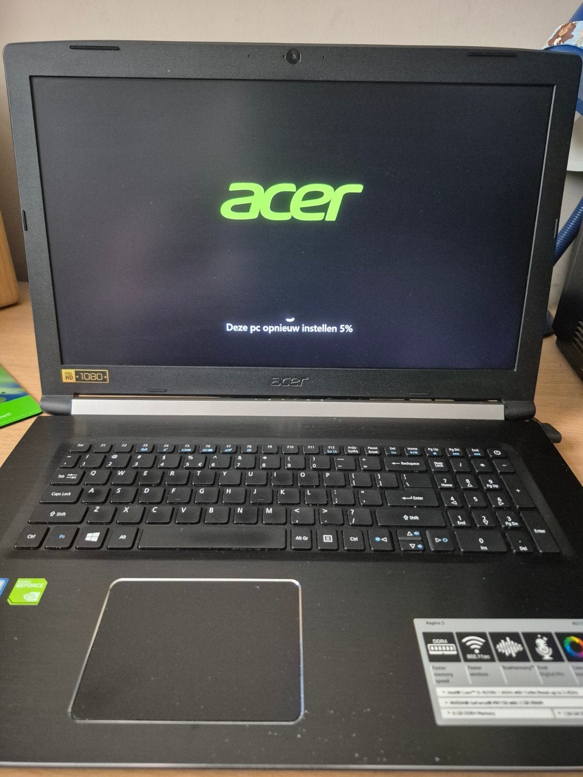 Acer Aspire 5 A517-51G-58ZH Laptop - i5, 8GB,, 1TB HDD + 128GB SSD, Gebruikt, Met videokaart, Qwerty