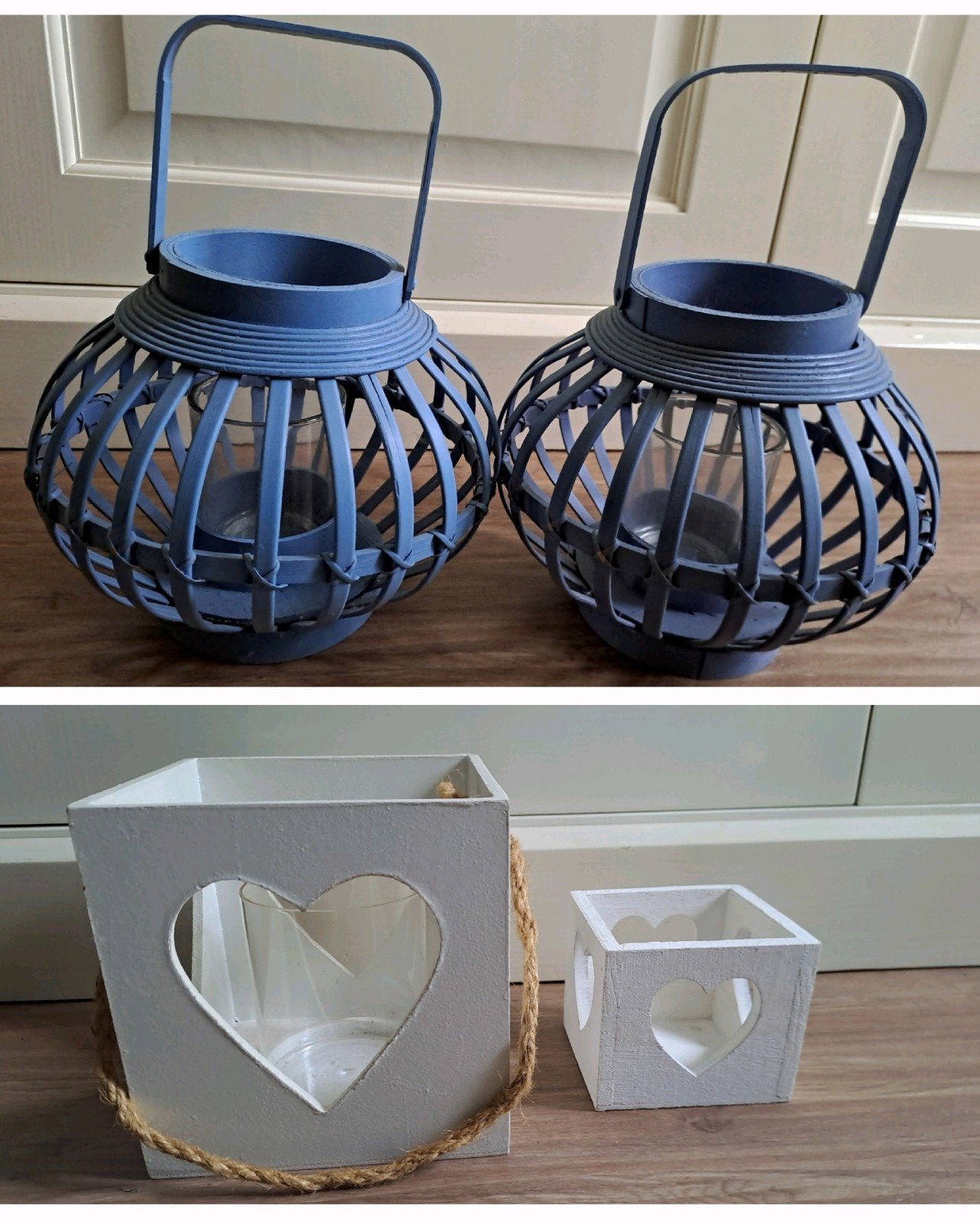 Set van 4 kandelaars: blauwe en witte lantaarns hout riet, Gebruikt, Lantaarn, Wit, Ophalen of Verzenden
