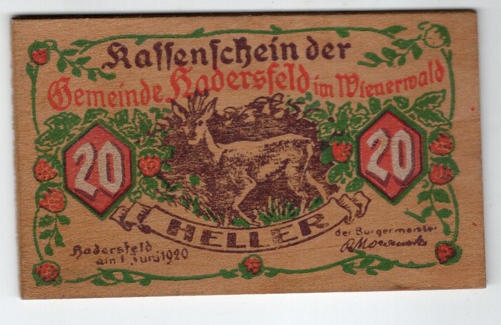 Oostenrijk 20 Heller noodgeld Hadersdorf van hout, Verzenden, Oostenrijk