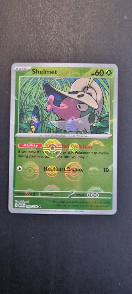 Pokémon Kaart Shelmet 008/086 White Flare Pokeball, Ophalen of Verzenden, Zo goed als nieuw, Losse kaart, Foil