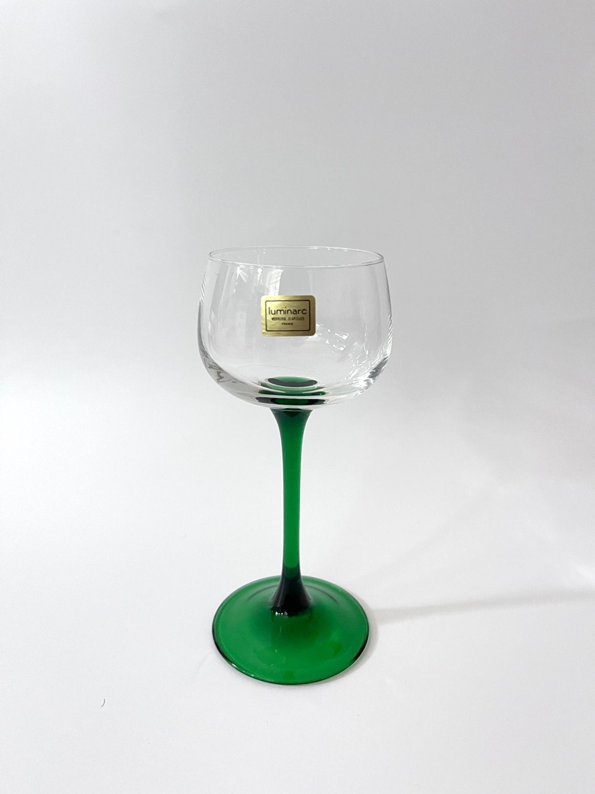 Vintage Luminarc France wijnglas groene voet, 16cm, Ophalen of Verzenden