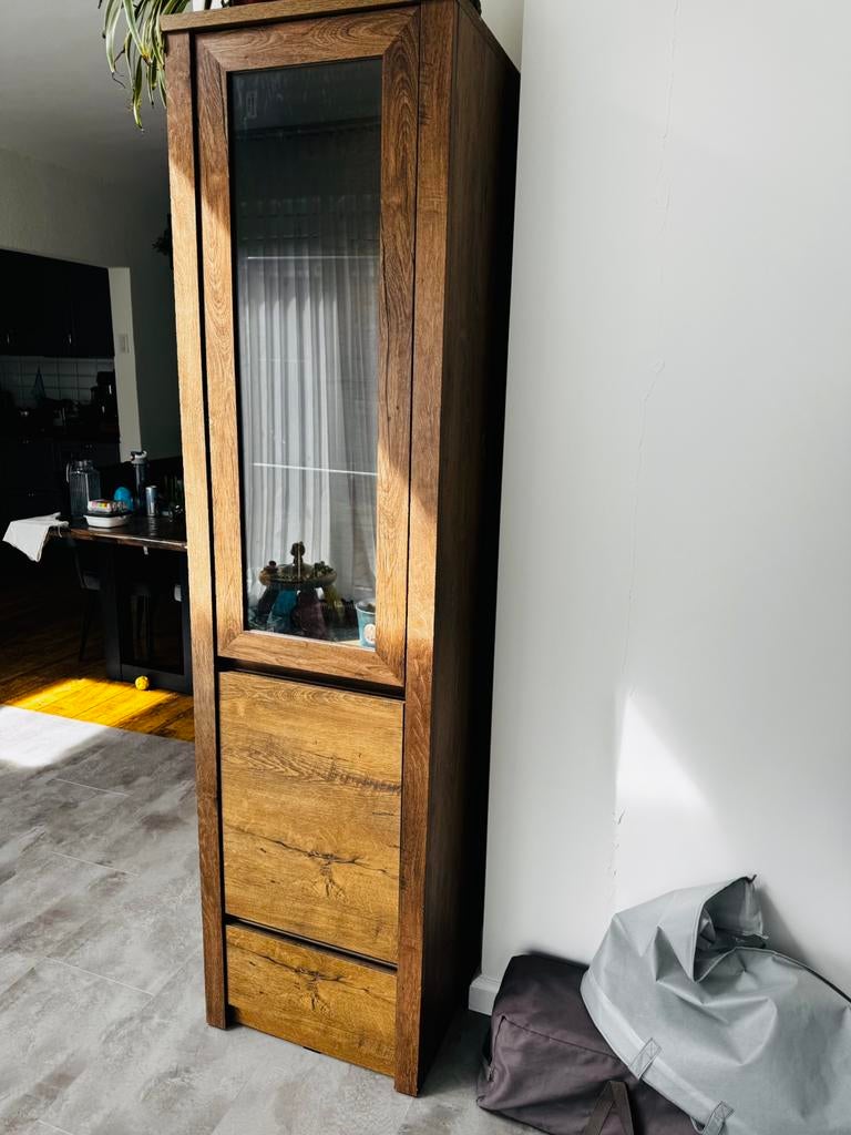 Prachtige Vitrinekast - Rustiek Eiken Look, Ophalen, Met deur(en), Glas, Zo goed als nieuw