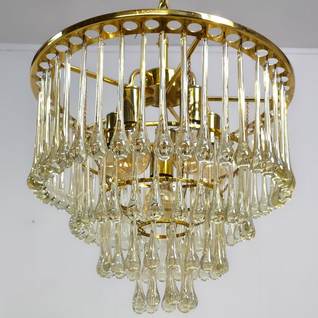 PALWA kroonluchter teardrop 4 laags messing vintage, Huis en Inrichting, Lampen | Kroonluchters, Ophalen of Verzenden, Glas
