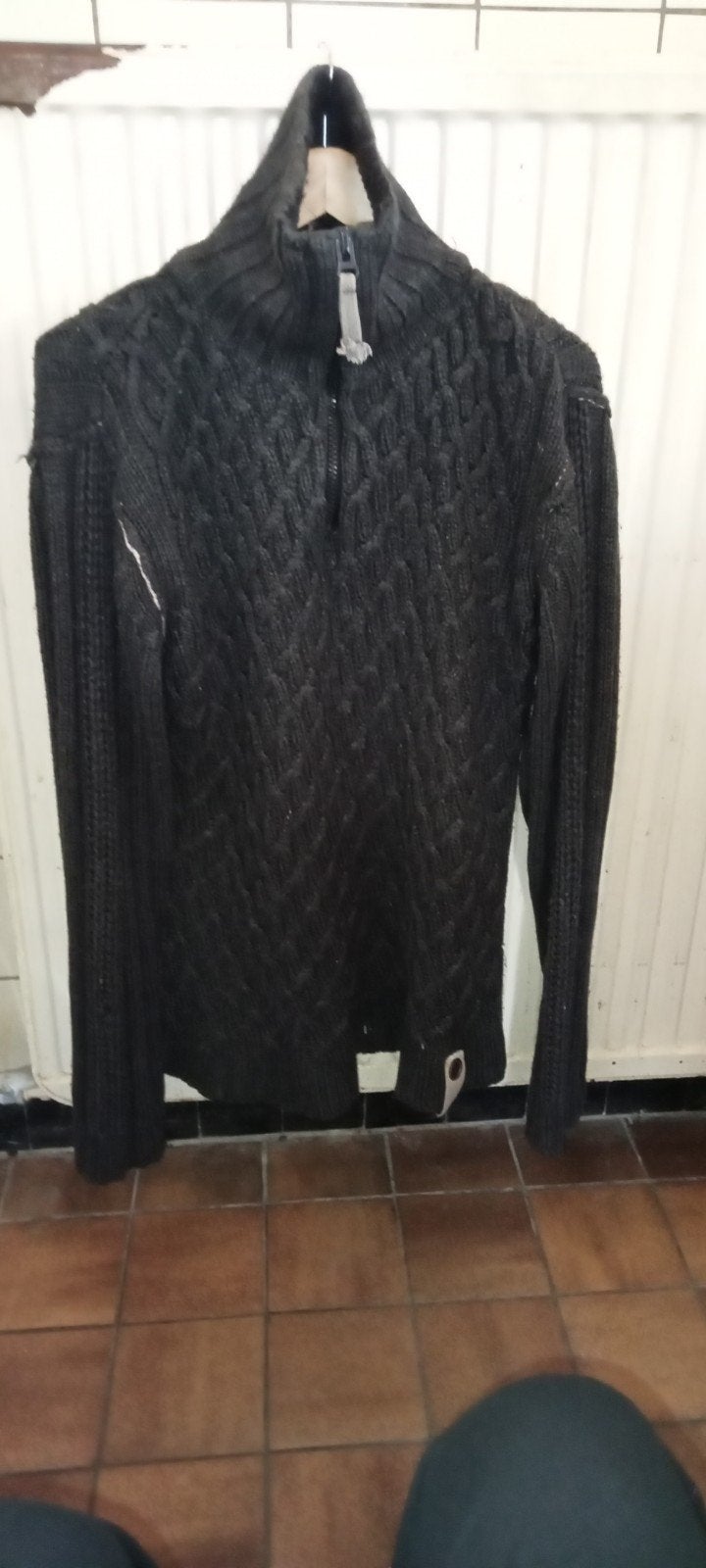 Donkergrijze gebreide trui met rits, Ophalen of Verzenden, Gedragen, Maat 56/58 (XL), Grijs