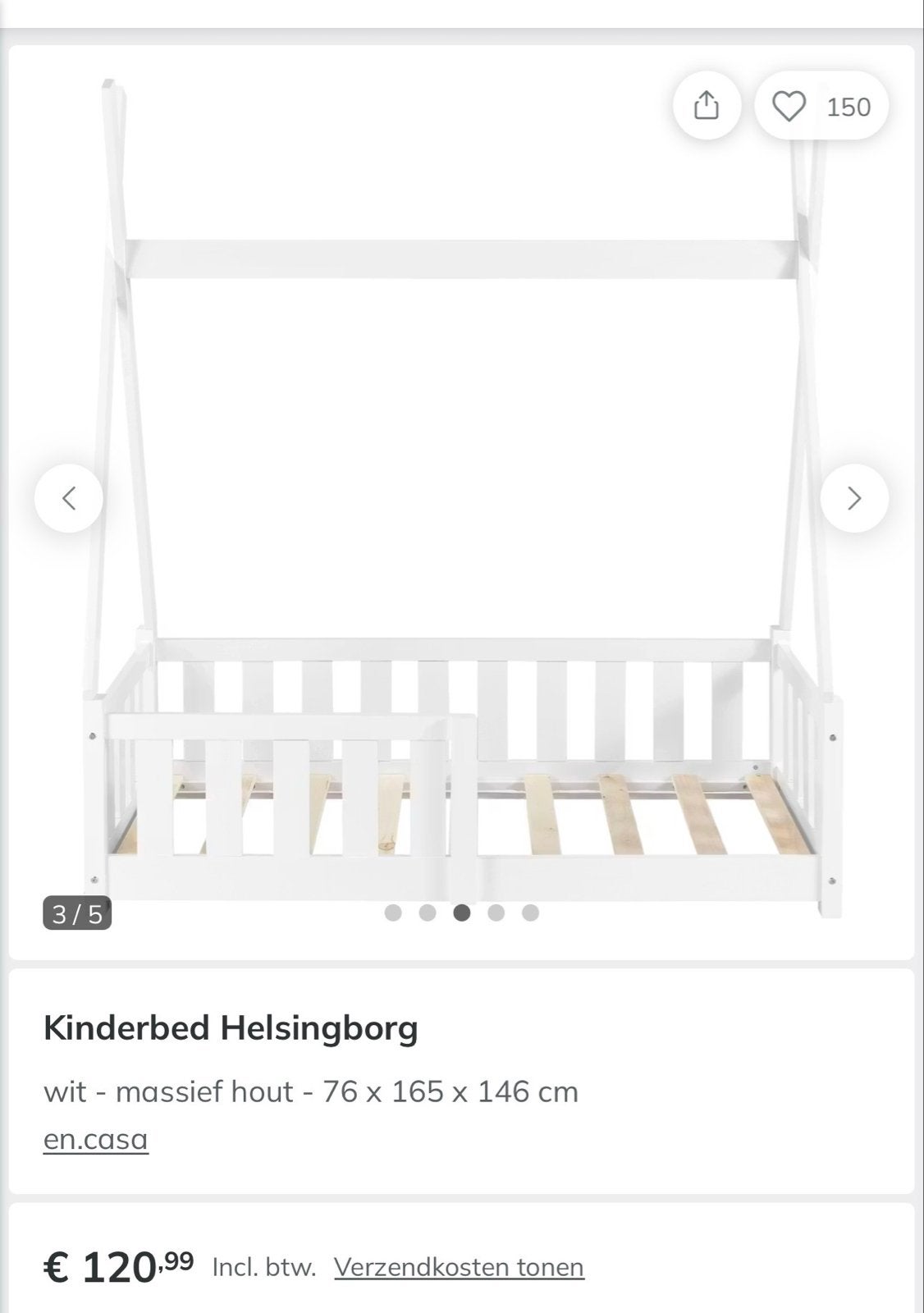 Tipi-kleuterbed van massief hout – wit  incl matras etc., 70 tot 85 cm, Ophalen of Verzenden, Zo goed als nieuw, Lattenbodem