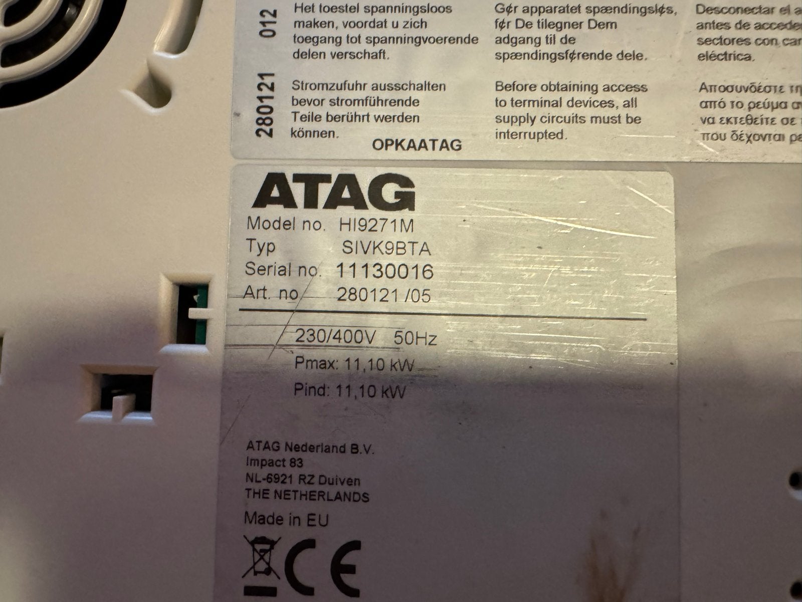 ATAG HI9271M Inductiekookplaat - 5 zones, Witgoed en Apparatuur, Ophalen, Zo goed als nieuw, Inbouw, Inductie