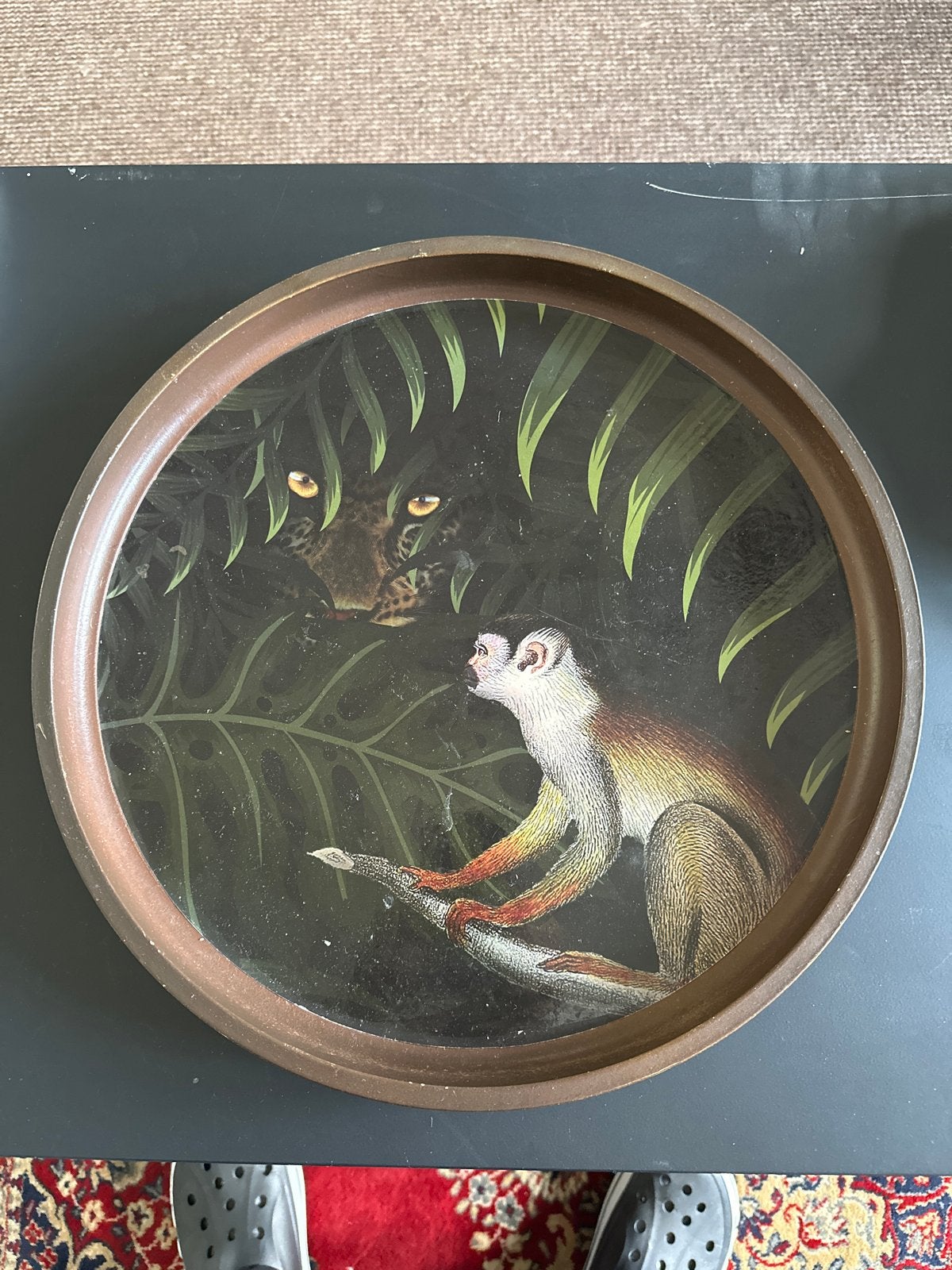 Vintage dienblad met jungle tafereel: aap en luipaard, Ophalen of Verzenden