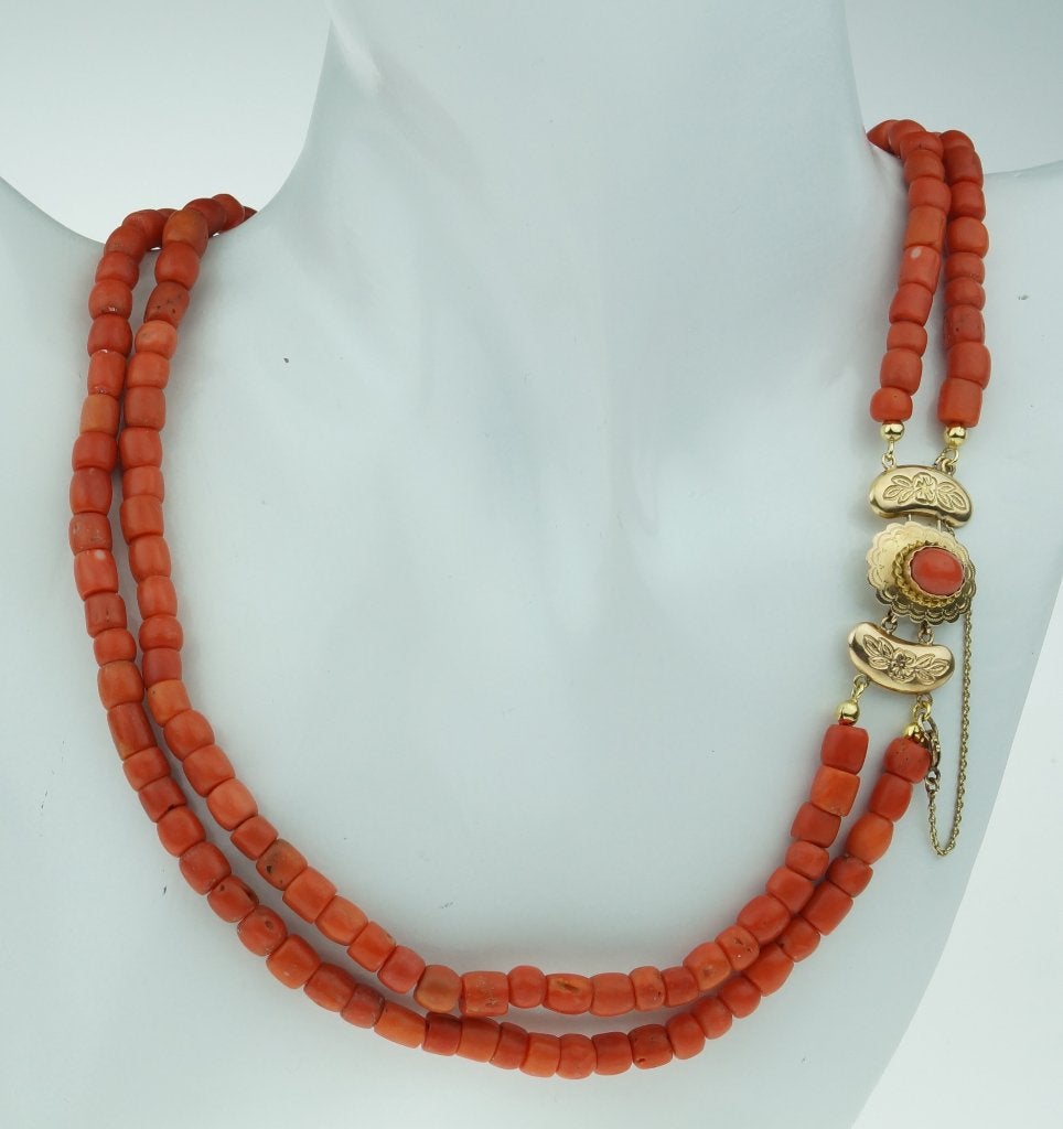 Bloedkoraal antieke ketting 14k gouden slot fraai dames, Verzenden, Goud, Ketting, Met edelsteen