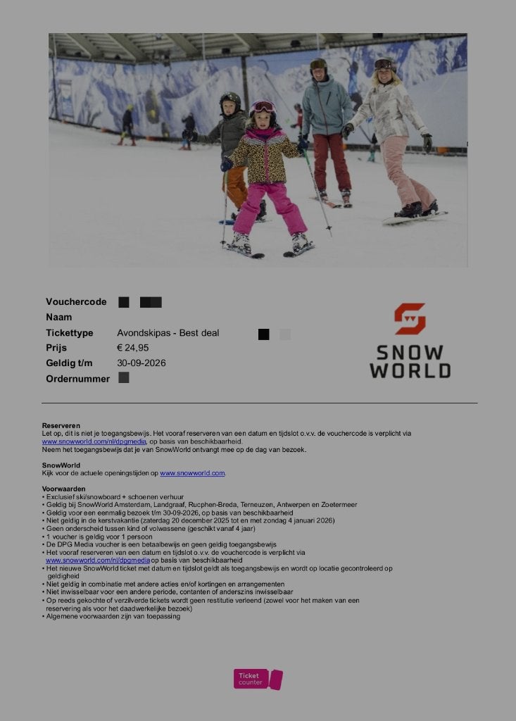 (avond)Tickets SnowWorld Landgraaf, Tickets en Kaartjes, Twee personen, September