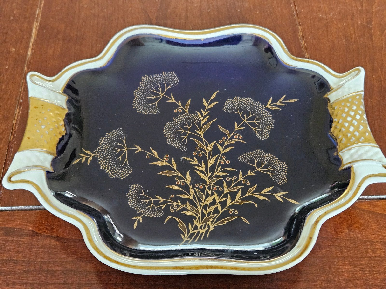 Vintage Weimar Porseleinen Kobaltblauwe Schaal met Goud, Antiek en Kunst, Ophalen