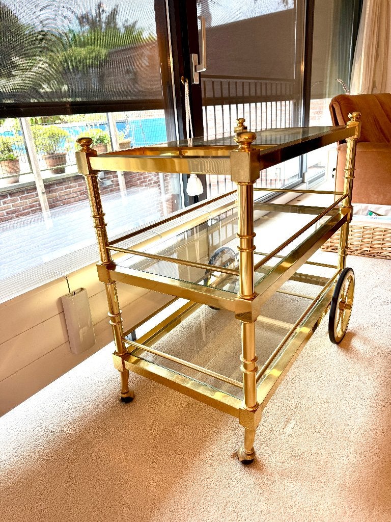 Vintage serveerwagen/ -trolley van gouden messing en glas, Ophalen, Zo goed als nieuw