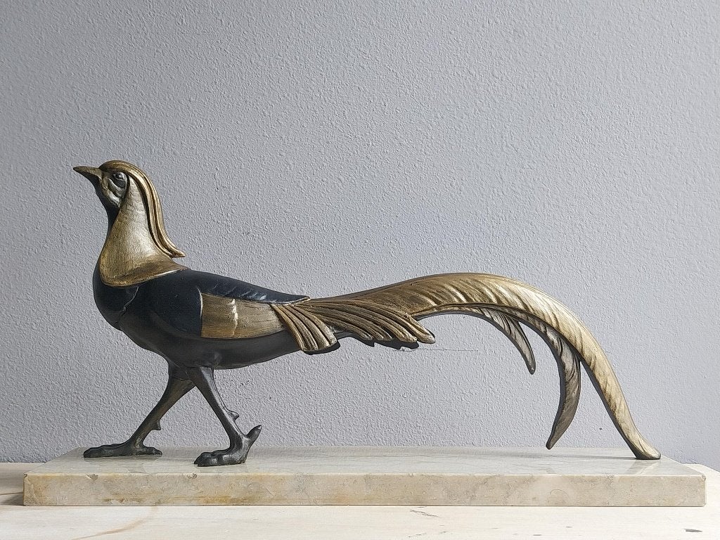 Art Deco fazant beeld goud en zwart zamak op marmer 45 cm, Art deco, Gepatineerd, Ophalen of Verzenden, 20 - 50 cm