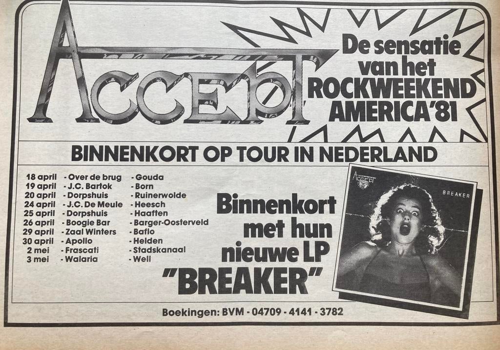 Paginagrote A4 advertentie ACCEPT Breaker NL tour 1981, Ophalen of Verzenden