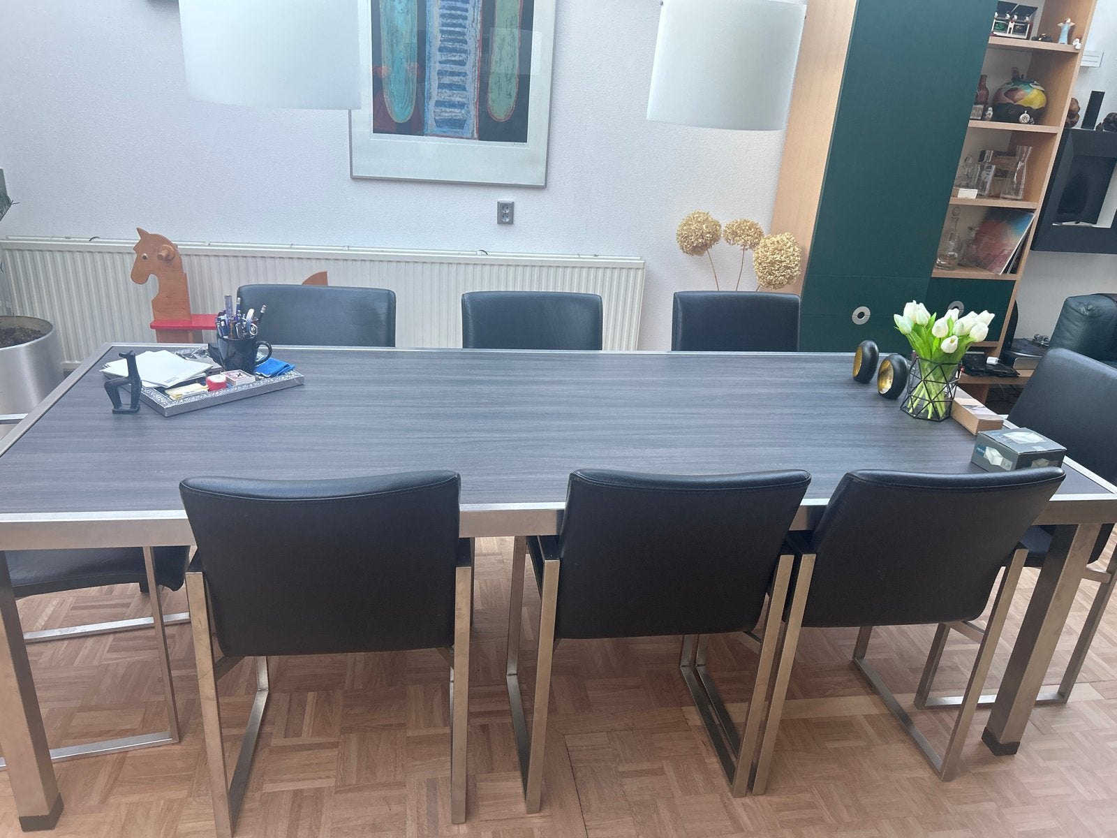 Grote eettafel met RVS onderstel en 8 stoelen, Gebruikt, 100 tot 150 cm, 200 cm of meer, Vijf personen of meer