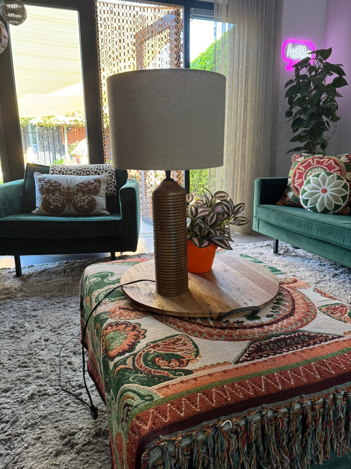 Tafellamp voet van mango hout. Beige kap., Ophalen, Zo goed als nieuw, Beige, Rond