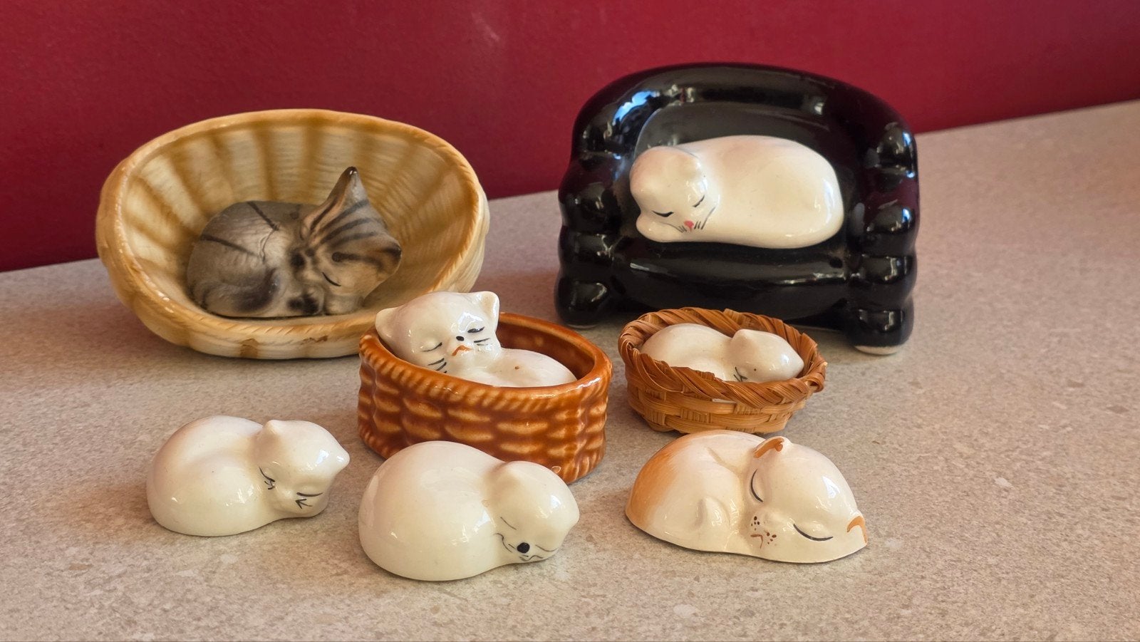 Set vintage slapende poezenbeeldjes, Ophalen of Verzenden