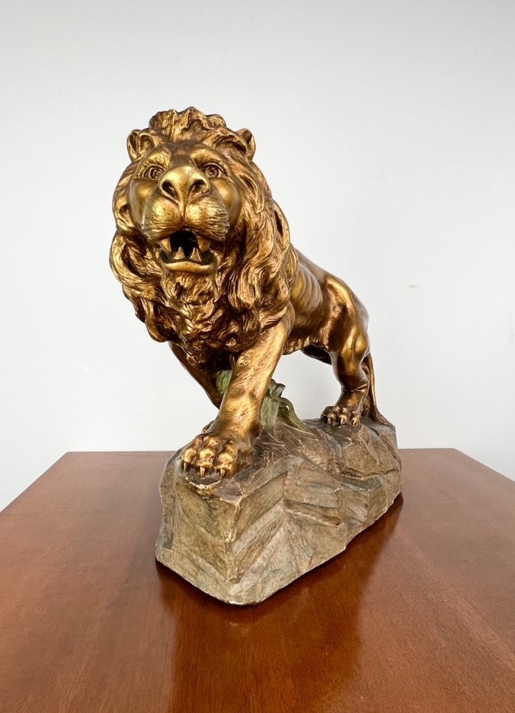 Groot messingkleurig beeld van leeuw, begin 1900, Antiek en Kunst, Ophalen of Verzenden, Beeld, Goud, Overige onderwerpen