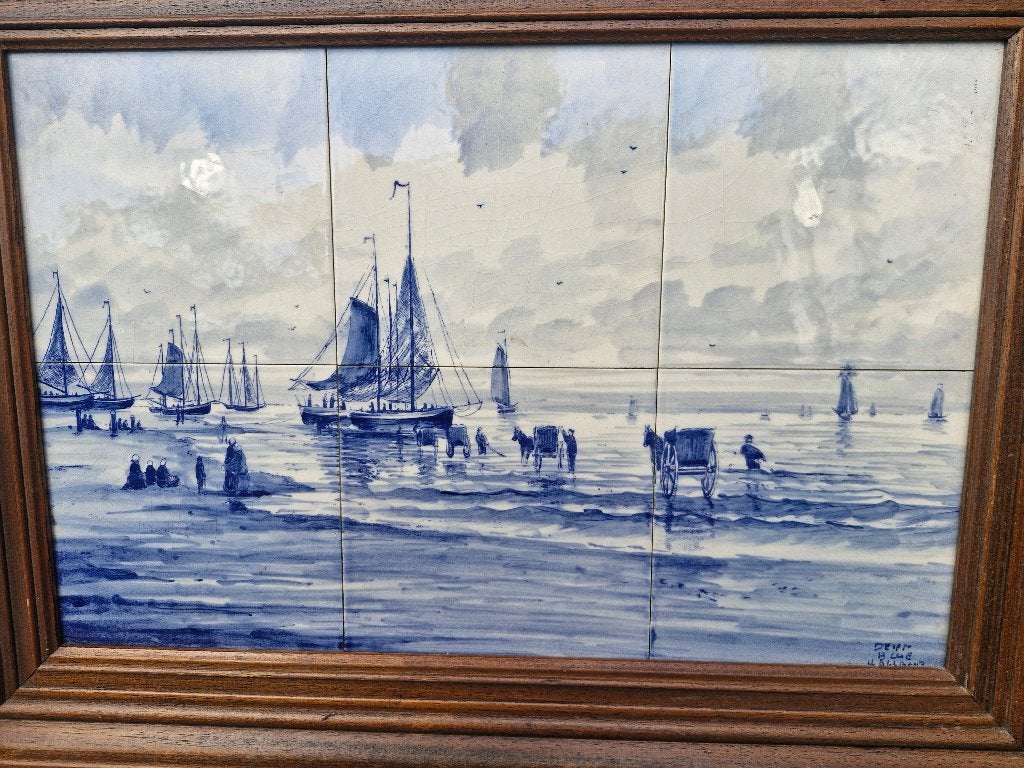 tegeltableau delft boten strand kust. Ingelijst, Antiek en Kunst, Verzenden