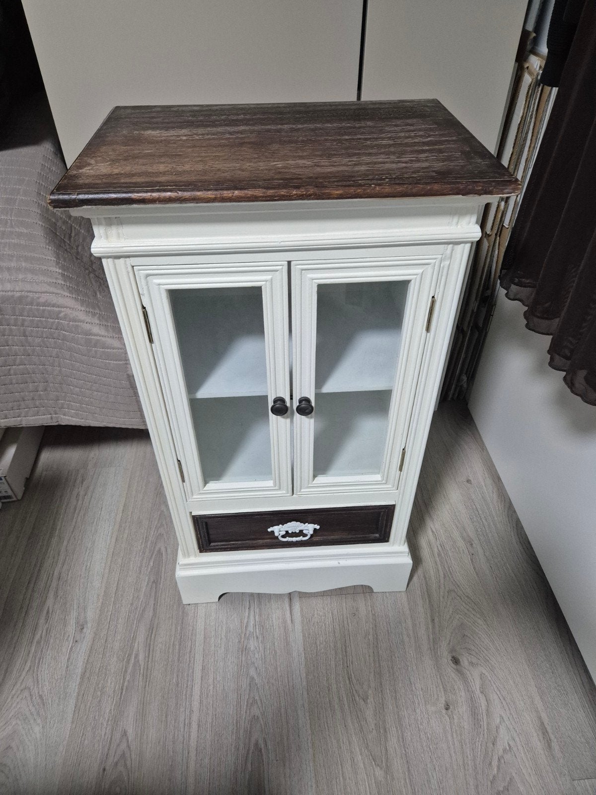 2x Kastjes met glazen deuren en lade - Wit/Hout, Ophalen, Gebruikt