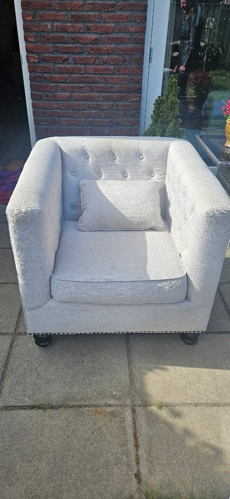 Een stoffen fauteuil - armchair, Ophalen, Hout, 75 tot 100 cm, Zo goed als nieuw