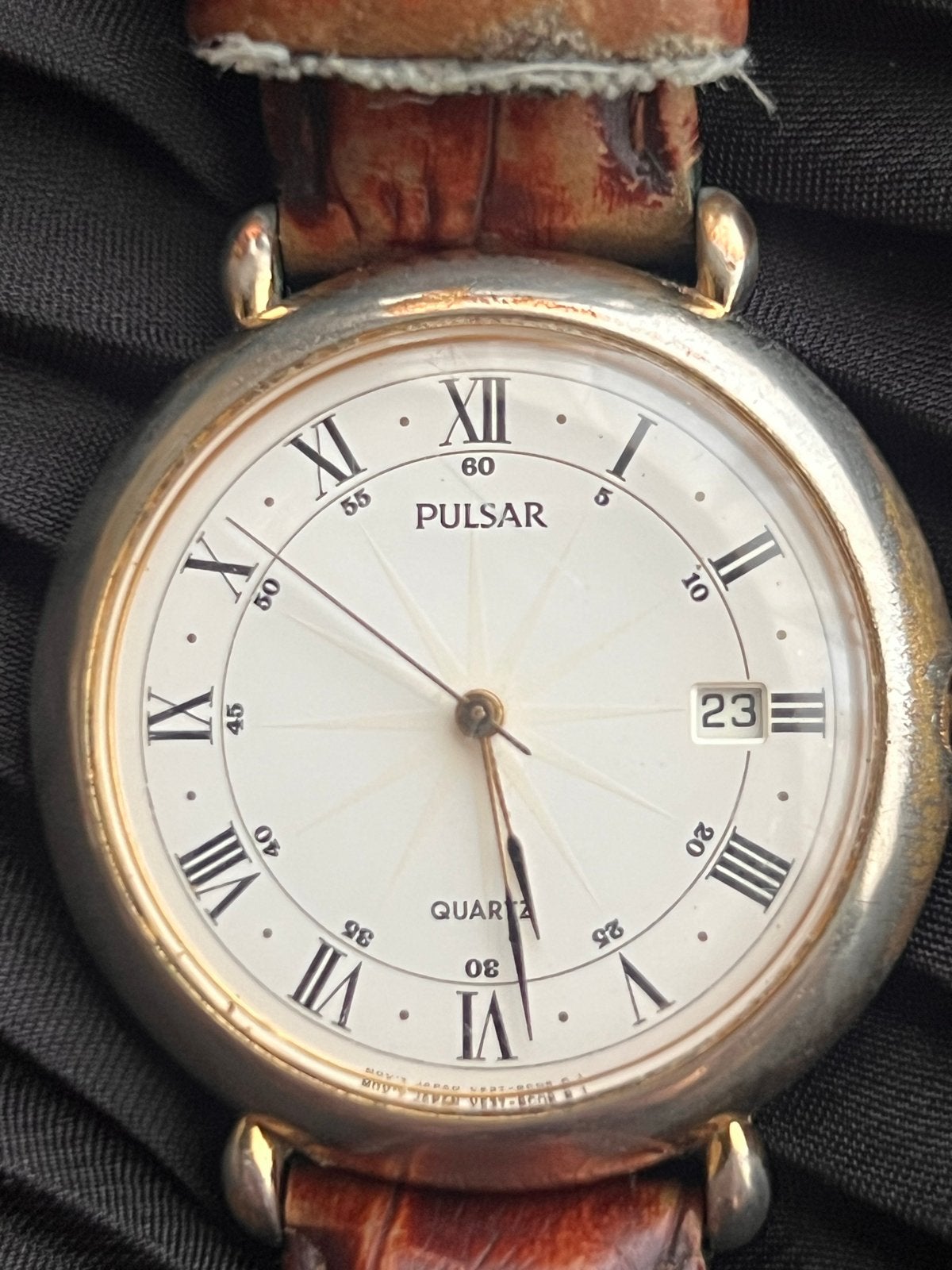 Vintage Pulsar Quartz Polshorloge met Leren Bandje, Overige merken, Overige materialen, Polshorloge, Ophalen of Verzenden