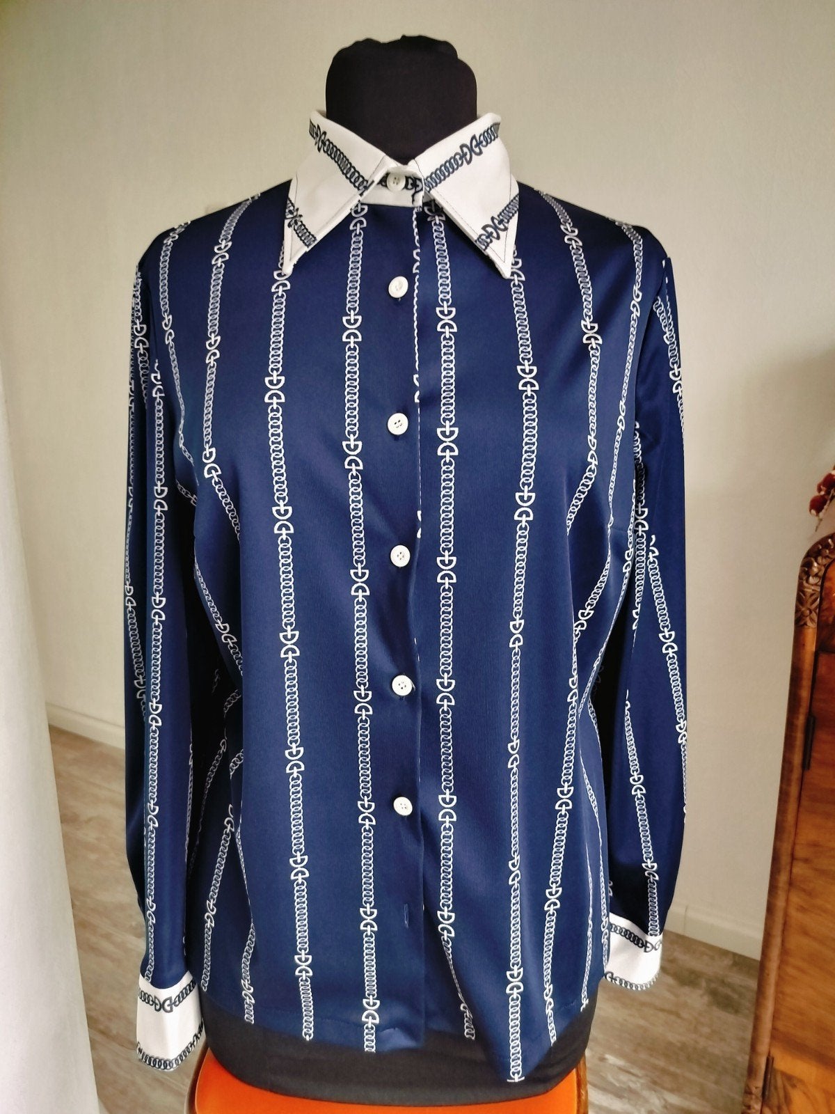Vintage blouse met kettingprint, Ophalen of Verzenden, Blauw