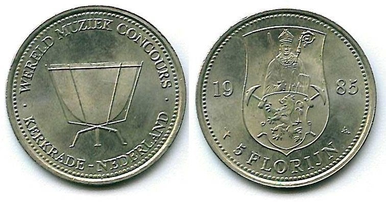WMC munt 1985 florijn 5 wereld muziek concours, Postzegels en Munten, Ophalen of Verzenden, Vóór koninkrijk, 5 gulden, Losse munt