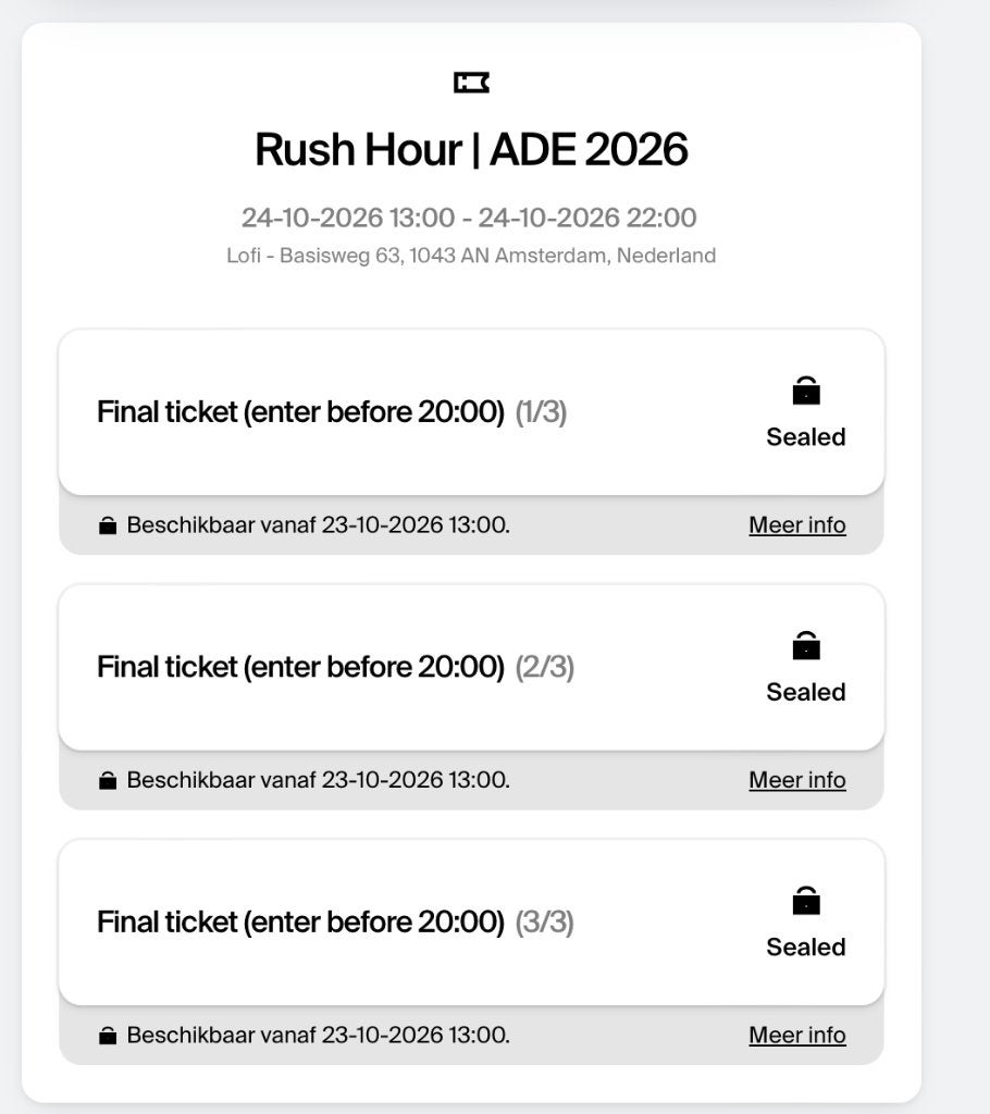8 tickets te koop voor Rush Hour @ Lofi ADE 24 oktober 2026, Twee personen