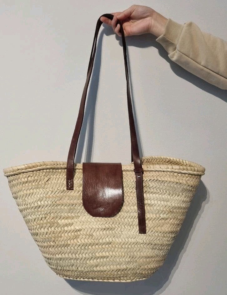 Stro strandtas,shopper, markt tas met leren details, Ophalen of Verzenden, Gebruikt, Beige, Shopper