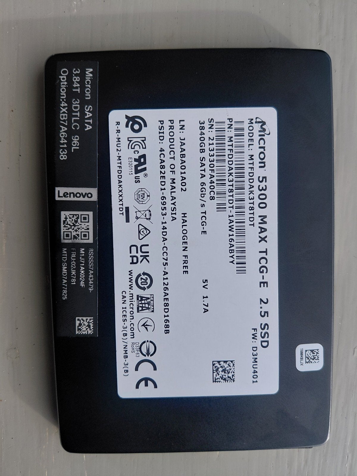NIEUW €2300 Micron 5300 MAX 3.84TB Enterprise SSD, Computers en Software, Harde schijven, Intern, Gebruikt, Server, 3.84TB