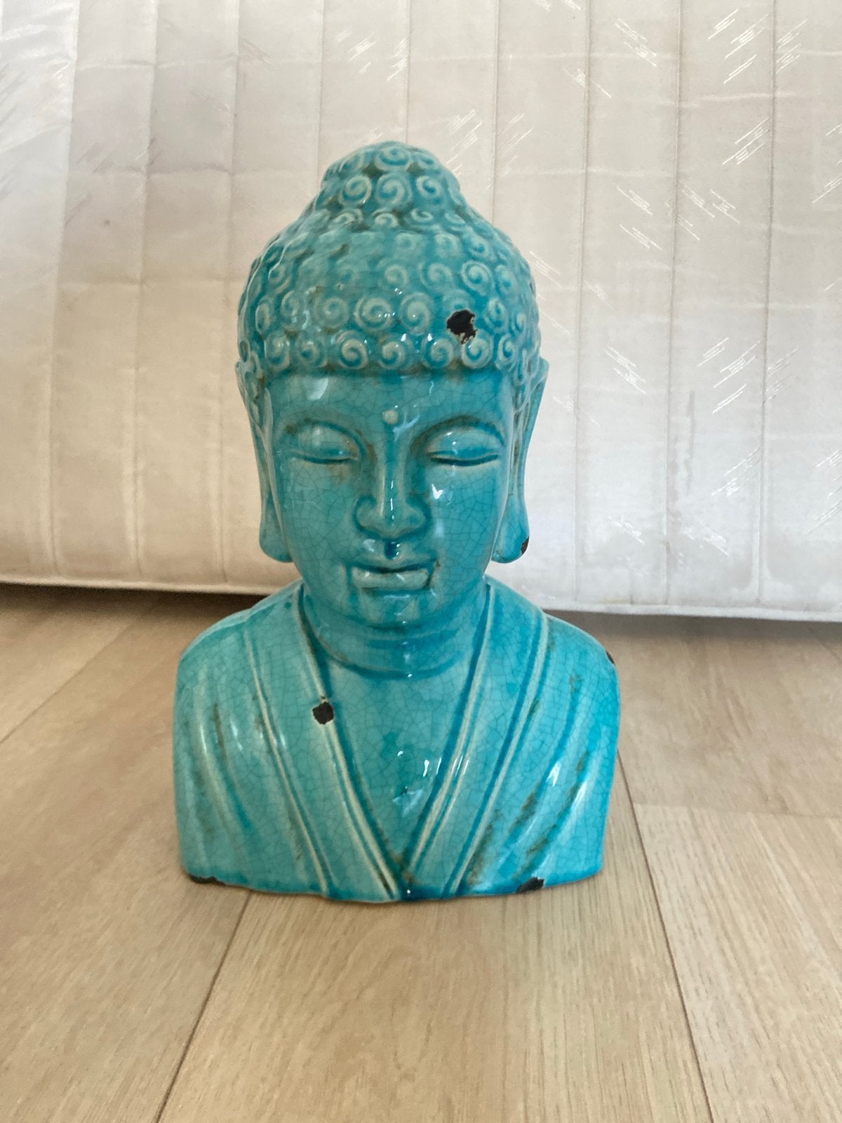Boeddha beeldje turquoise keramiek, Ophalen, Gebruikt, Steen/keramiek, Blauw