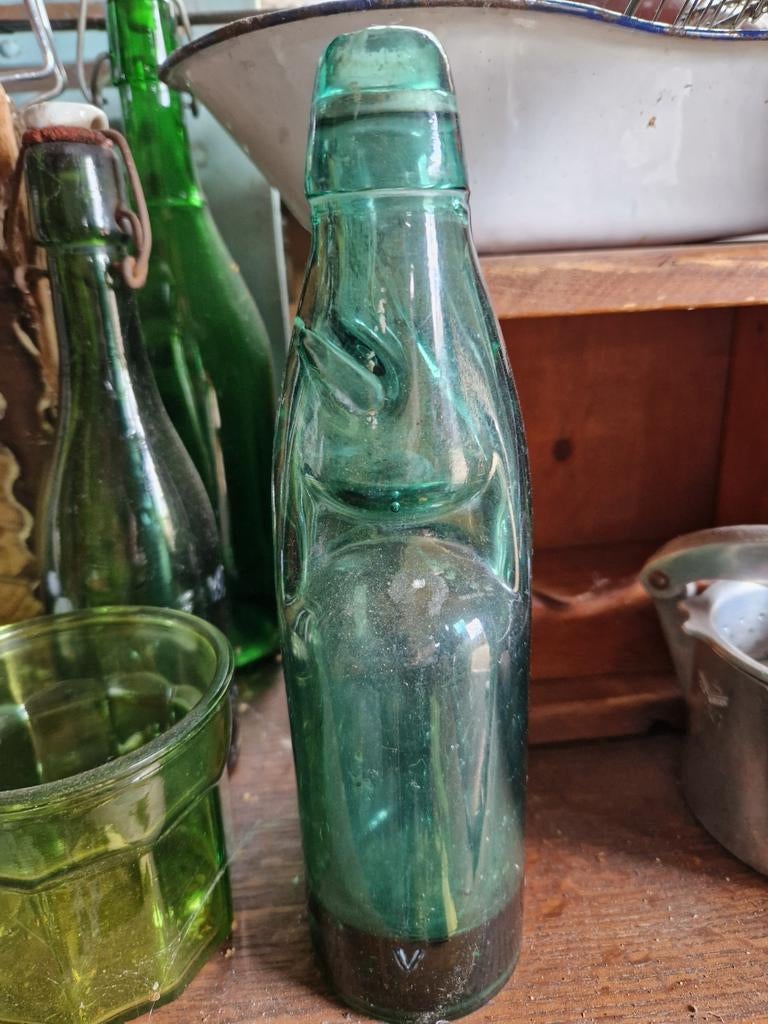VINTAGE KNIKKERFLESJE LIMONADE FLESJE BLAUW/GROEN GLAS, Ophalen of Verzenden