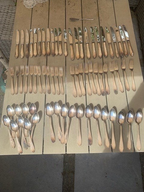 Verzilverd 12 delig compleet bestek set, Antiek en Kunst, Ophalen of Verzenden