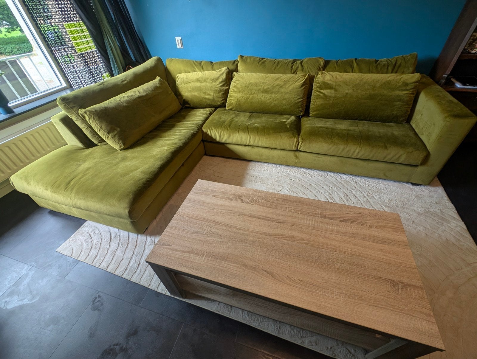 Zo goed als nieuwe velvet mosterd groene hoekbank, Ophalen, Hoekbank, 300 cm of meer, Zo goed als nieuw