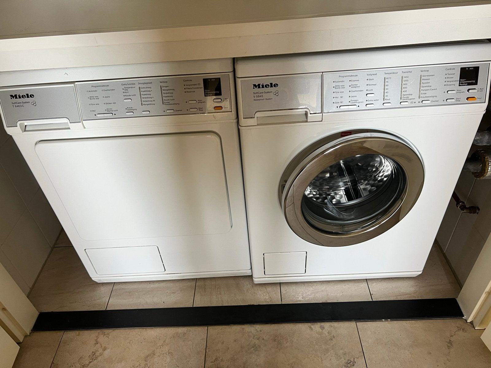 Miele wasmachine en droger set - Zo goed als nieuw, 6 tot 8 kg, Ophalen of Verzenden, Zo goed als nieuw, 85 tot 90 cm