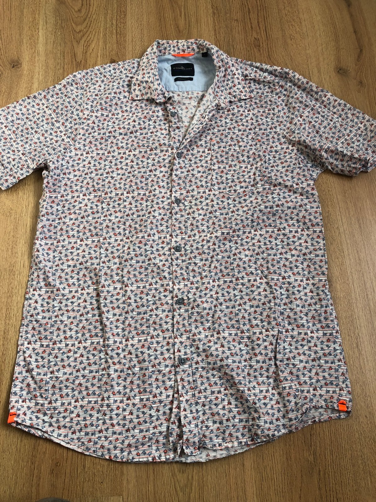 Stonecast regular fit overhemd oranje blauw print l, Blauw, Ophalen of Verzenden, Zo goed als nieuw, Halswijdte 41/42 (L)