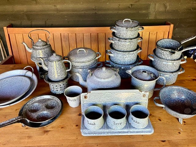 Grote verzameling gewolkt emaille, Ophalen of Verzenden