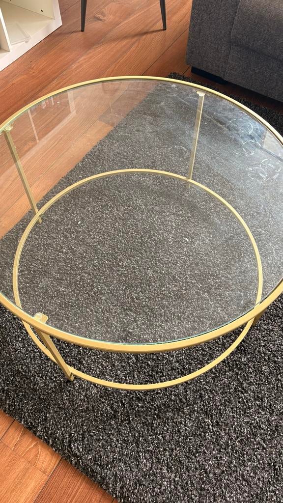 Gouden salontafel met glazen blad, Huis en Inrichting, Tafels | Salontafels, Ophalen, 100 tot 150 cm, 50 tot 100 cm, Minder dan 50 cm