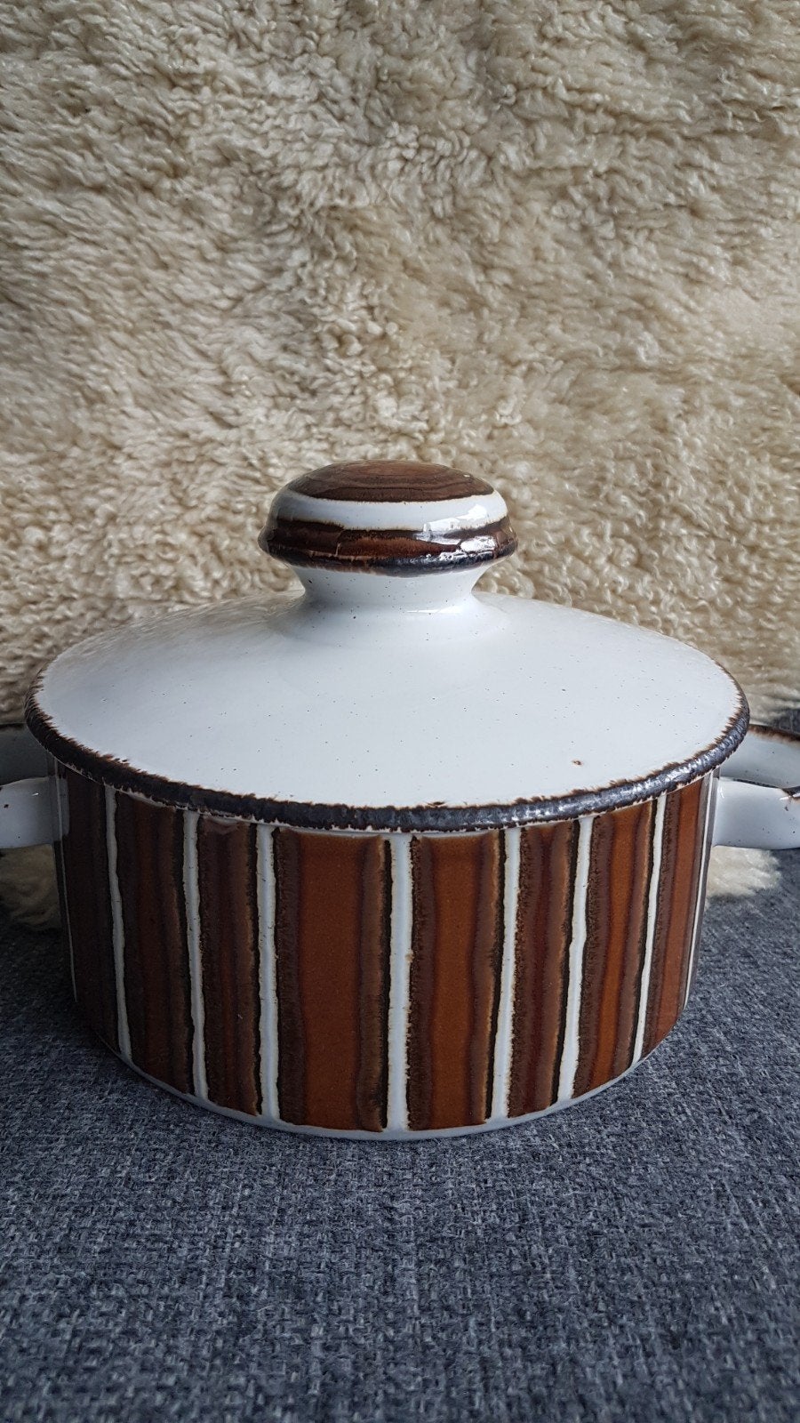 Vintage aardewerk ovenschotel met deksel - Bruin/Wit, Ophalen of Verzenden