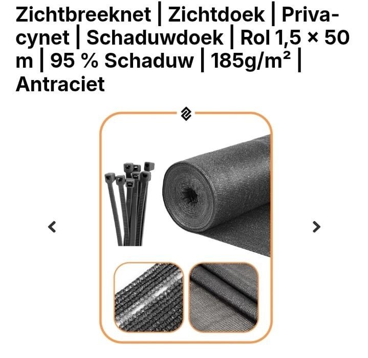 Zichtbreeknet | Schaduwdoek | Antraciet | 1,5 x 50 m, Ophalen of Verzenden, Nieuw